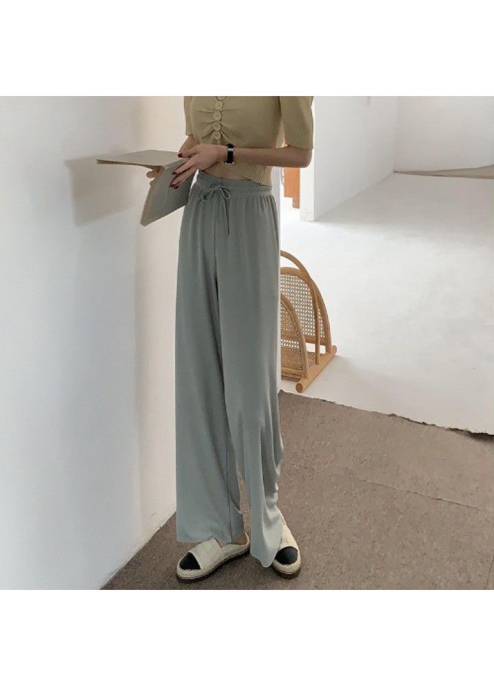 Ice silk wide leg pants women's high waist 2021 summer new thin vertical loose straight knitted casual pants
