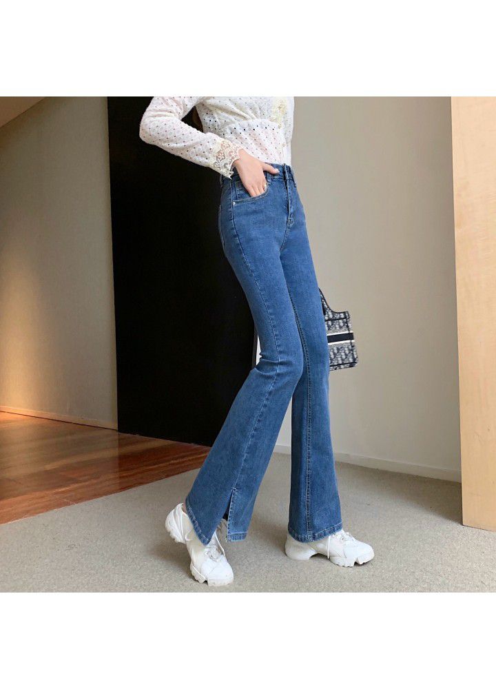 2021 new black dark blue micro trumpet jeans women's 9-cent slim High Waist Stretch wide leg mop the floor in spring