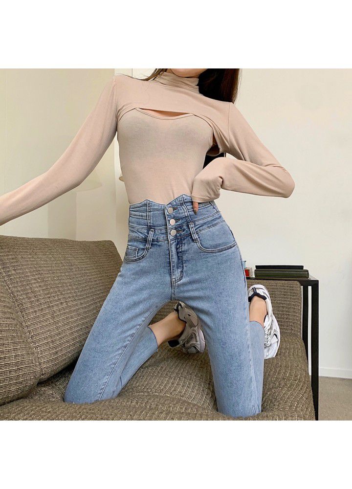 Spring and summer 2021 new Korean version net red high waist skinny jeans elastic tight nine point small foot pencil pants