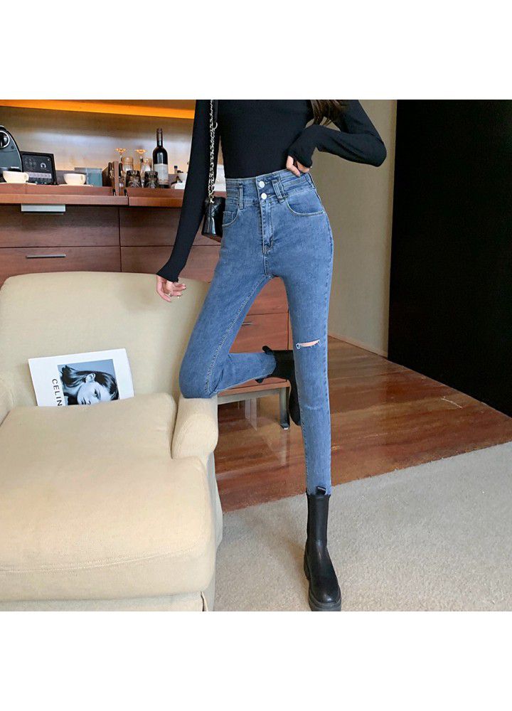 Spring 2021 new real shot hole casual jeans Leggings black elastic high waist tight pencil pants female