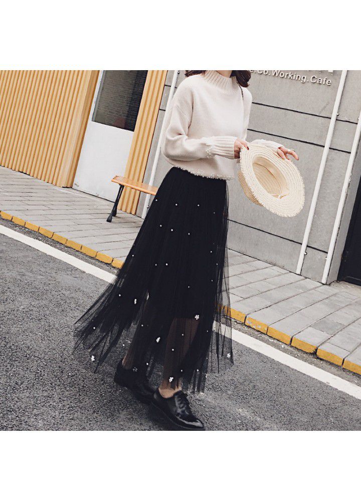 Real shot 2020 spring new Korean women's heavy industry beading fashion versatile gauze skirt