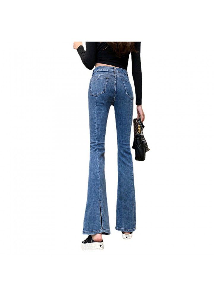 2021 spring Hong Kong style retro chic split flared jeans women's high waisted slim pants