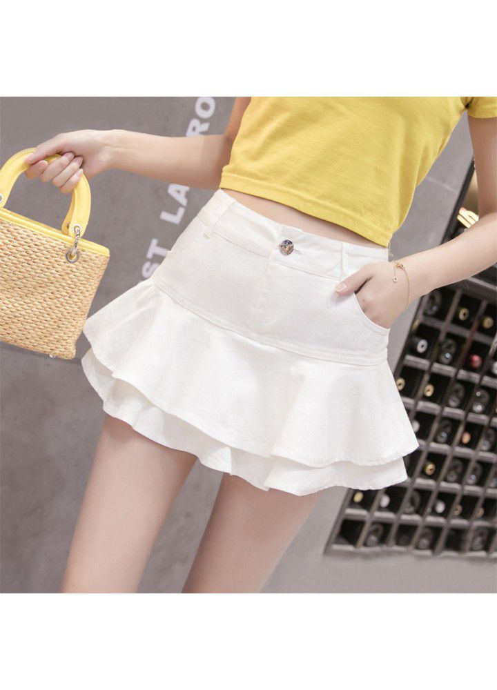 Real shot 2021 summer new Korean versatile high waist Ruffle stitching denim skirt women's temperament skirt