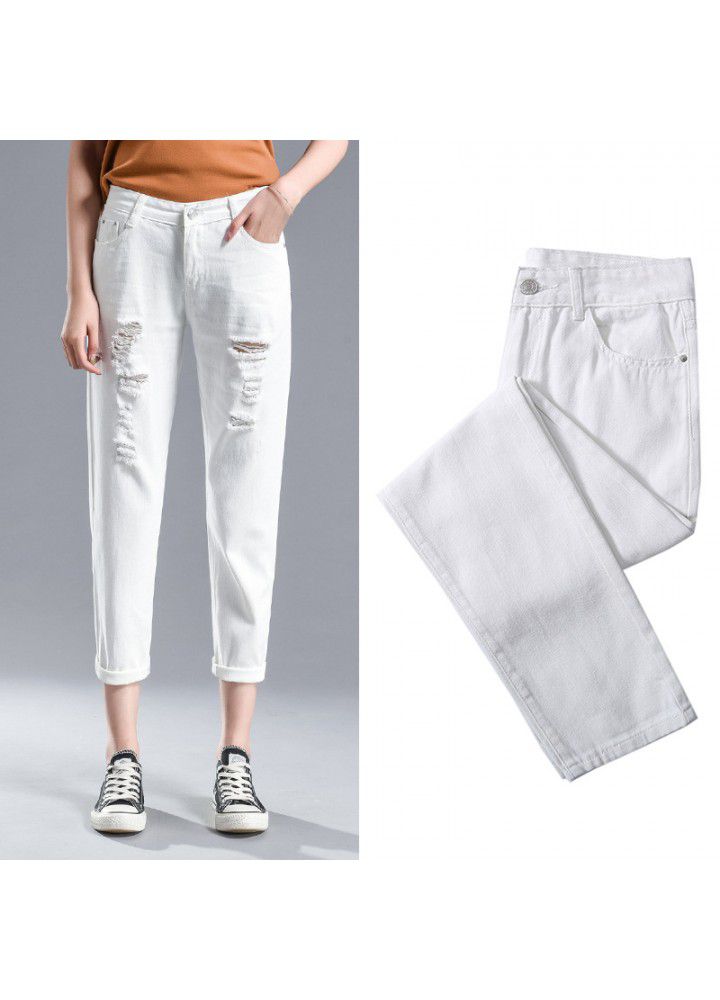 Slim jeans women's hole 9-point-2021 new fashion women's summer SLIM STRAIGHT pants