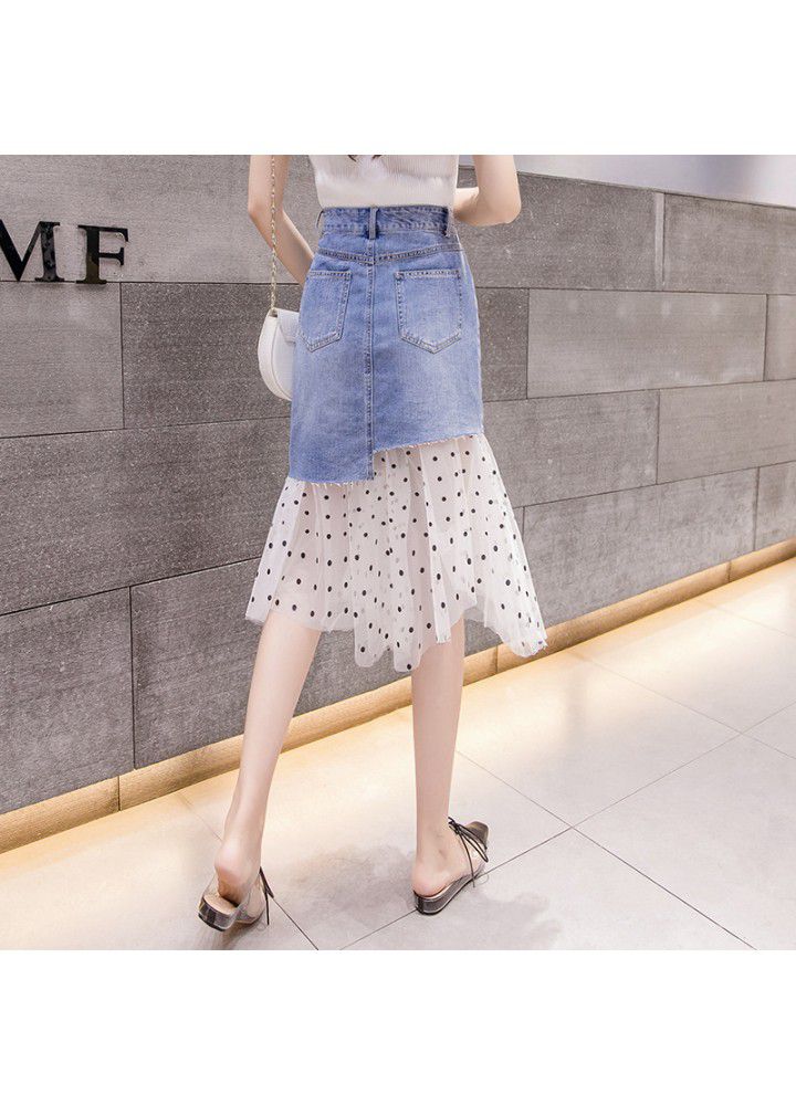 Real photo 2021 summer new Korean splicing dot gauze denim skirt medium length high waist skirt for women