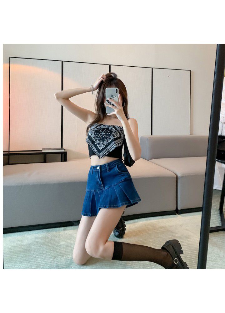 Skirt summer new high waisted slim denim pleated skirt niche design small bust