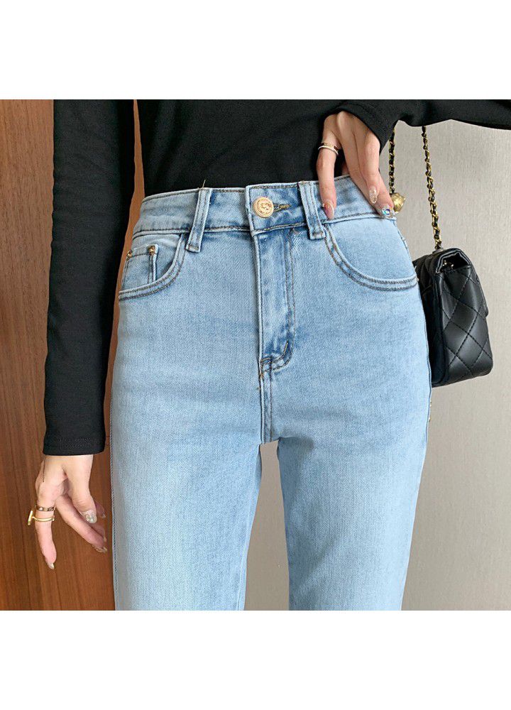 Real photo in spring and summer of 2021 jeans women's slim high waisted breasted cropped straight pipe pants