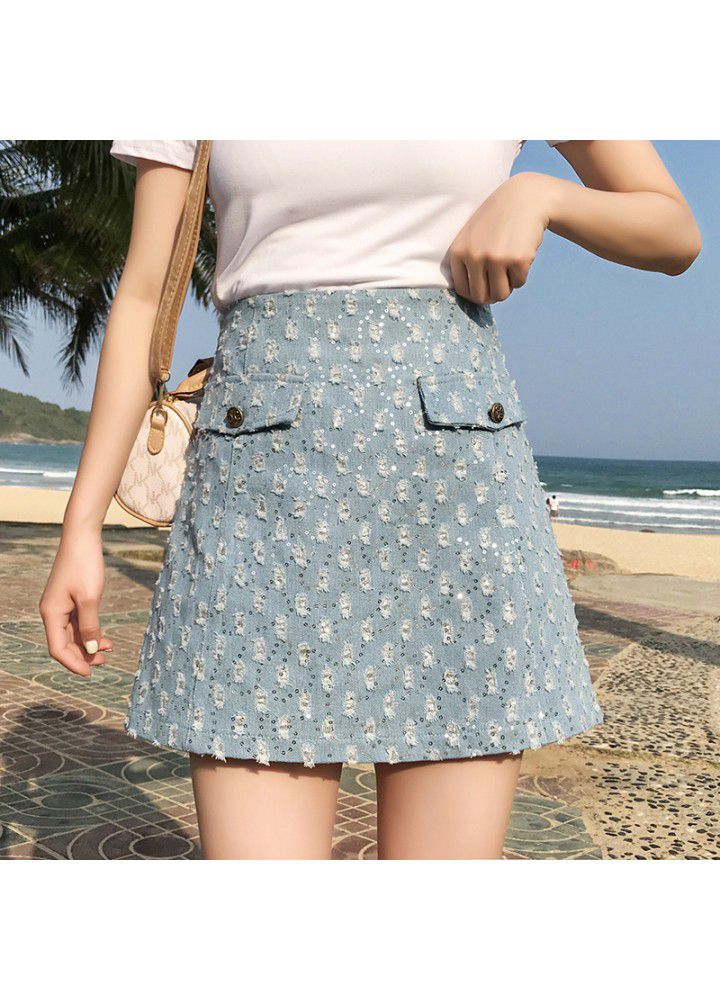 Real shot 2021 summer new Korean version versatile high waist Sequin holes show thin A-line short skirt denim skirt women