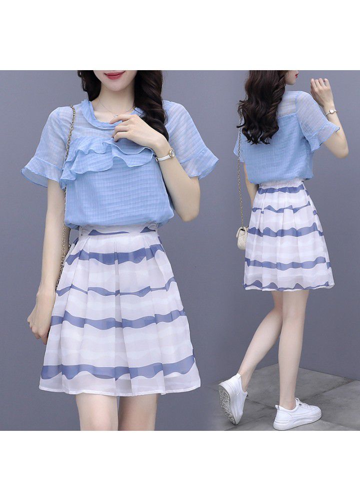Skirt suit women's summer new dress 2021 show thin and small Fashion Chiffon Top Skirt two piece set