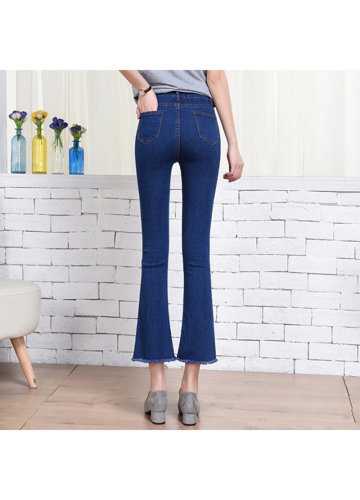 High waist 9-point flared jeans girls' stretch slim hem 9-point pants women's Korean tassel pants