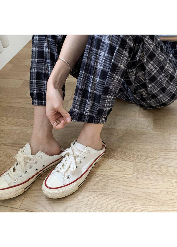Plaid pants lantern pants summer thin loose wide leg net red casual drawstring quarter sport Leggings