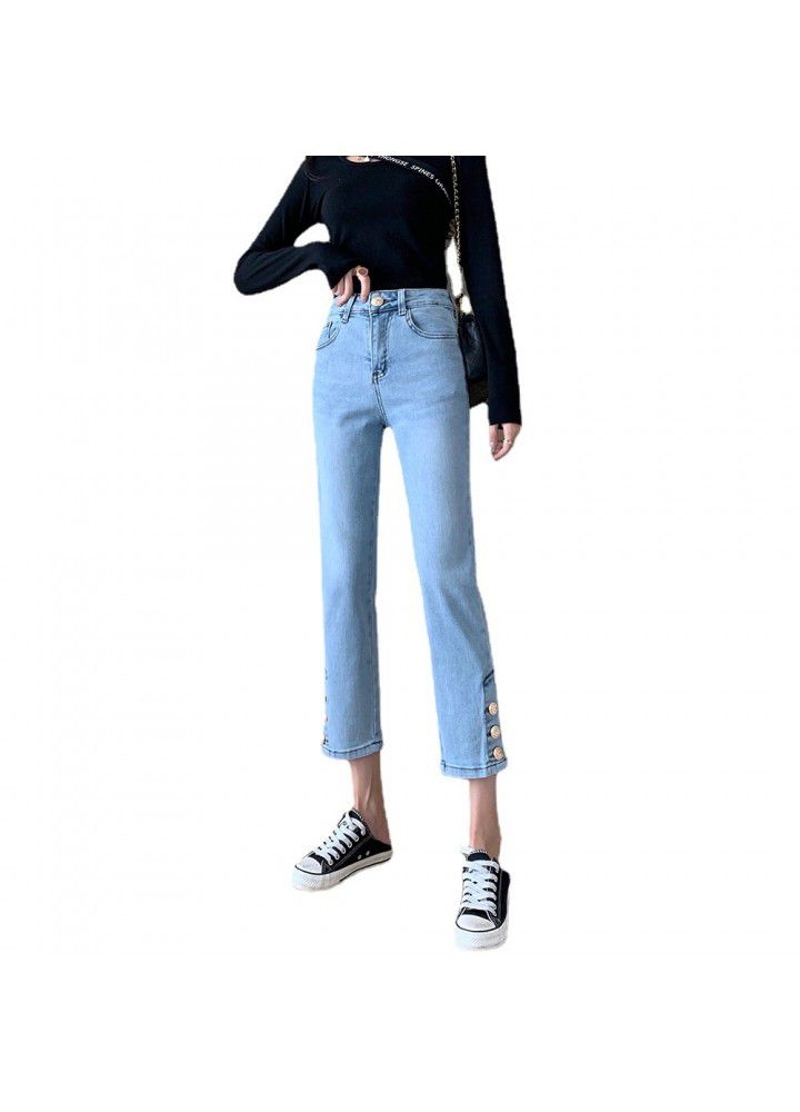 Real photo in spring and summer of 2021 jeans women's slim high waisted breasted cropped straight pipe pants