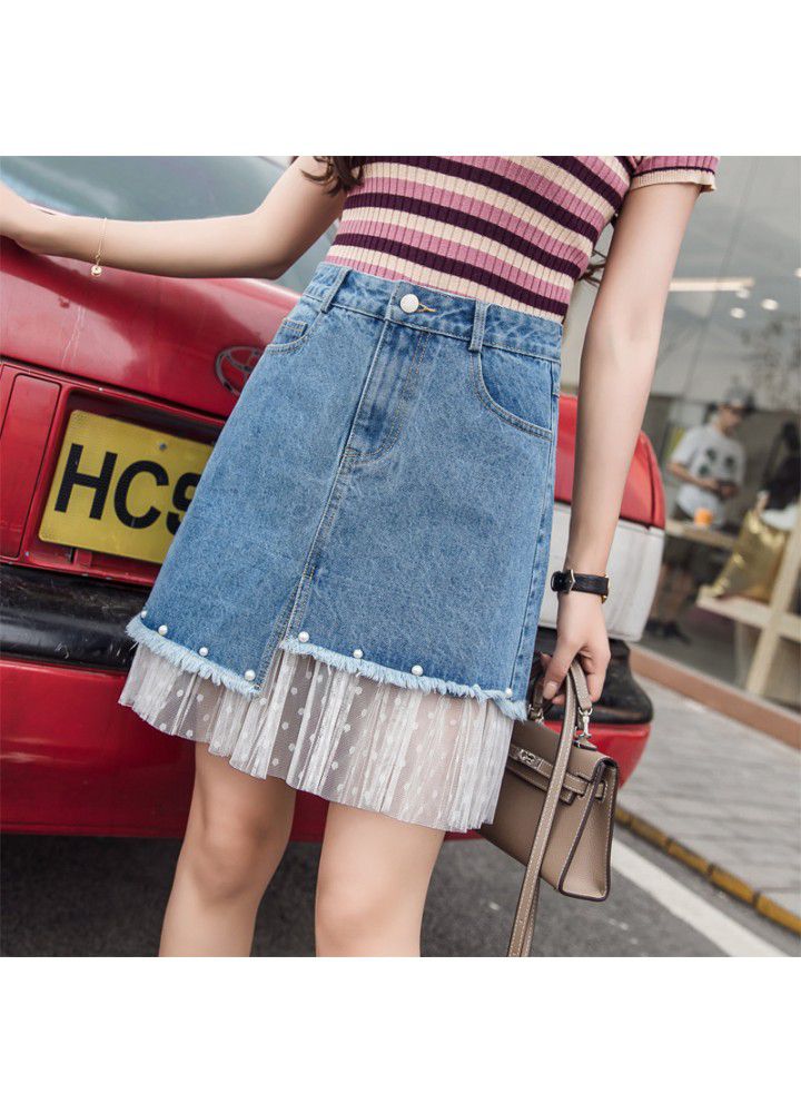 Real shot 2021 summer new Korean versatile high waist mesh splicing denim skirt women's A-line short skirt