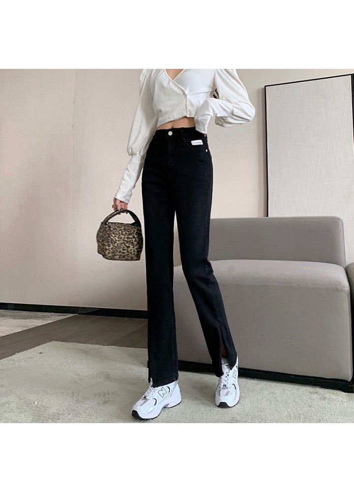 2021 spring new photo light color high waist jeans women's slim slim slim wide leg straight tube micro pants