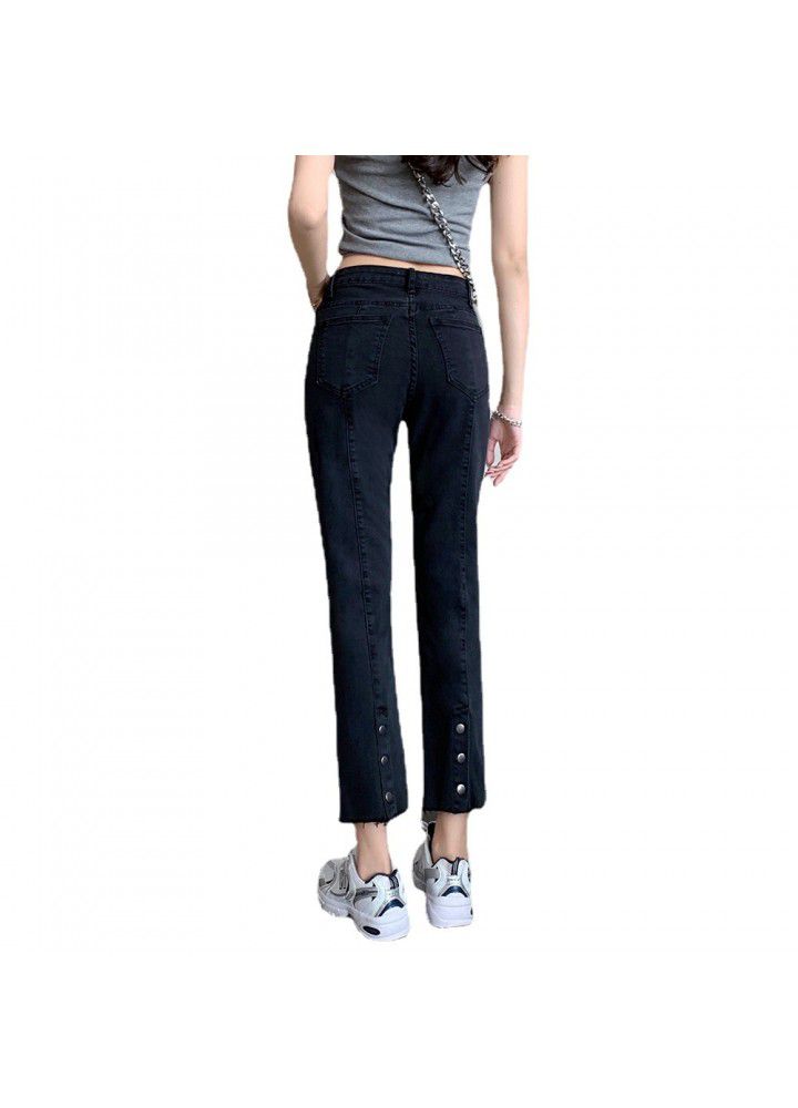 Wholesale 2021 spring high waist jeans women's straight tube loose and thin stitching button pipe