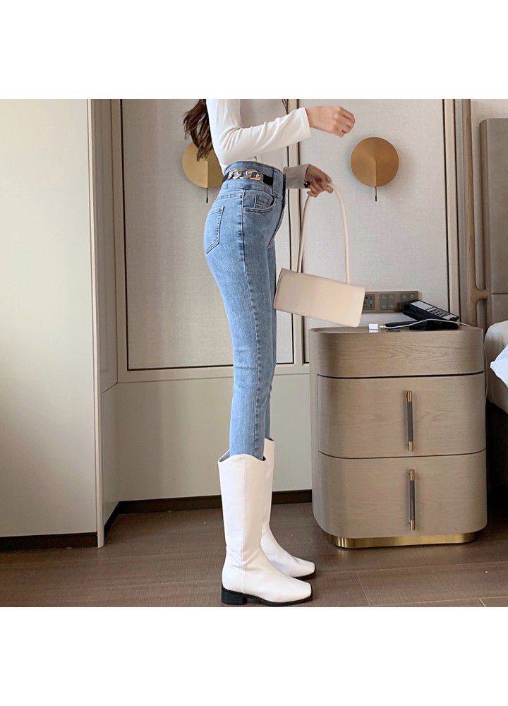 2021 spring new high waist jeans women's chain tight show thin nine pencils small feet long pants nine
