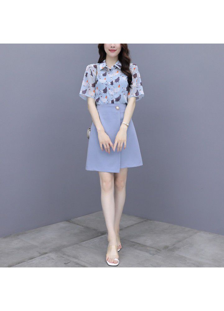 Western style suit skirt 2021 summer new women's temperament Chiffon Top with skirt two piece dress