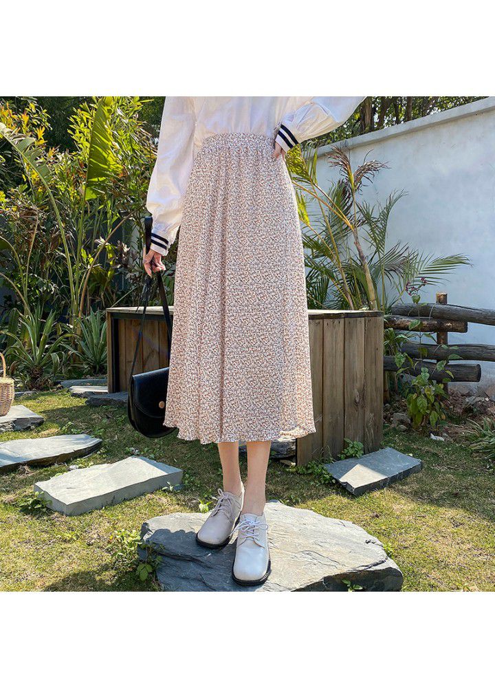 Real photo 2021 summer new chiffon skirt women's high waist pleated print A-line skirt medium length floral skirt
