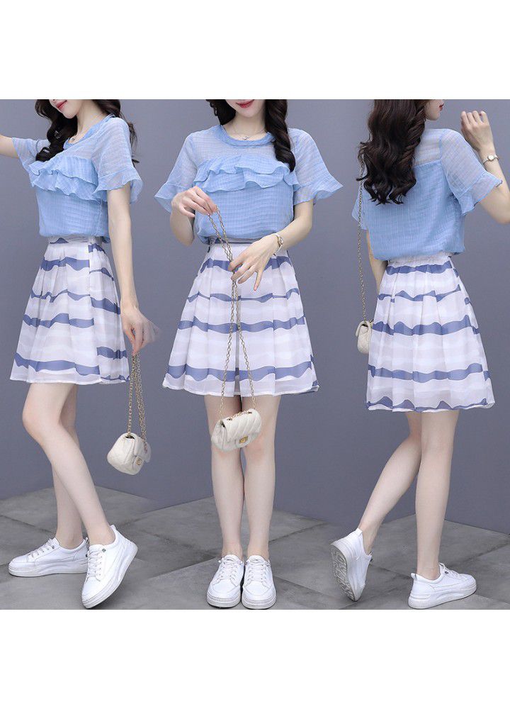 Skirt suit women's summer new dress 2021 show thin and small Fashion Chiffon Top Skirt two piece set
