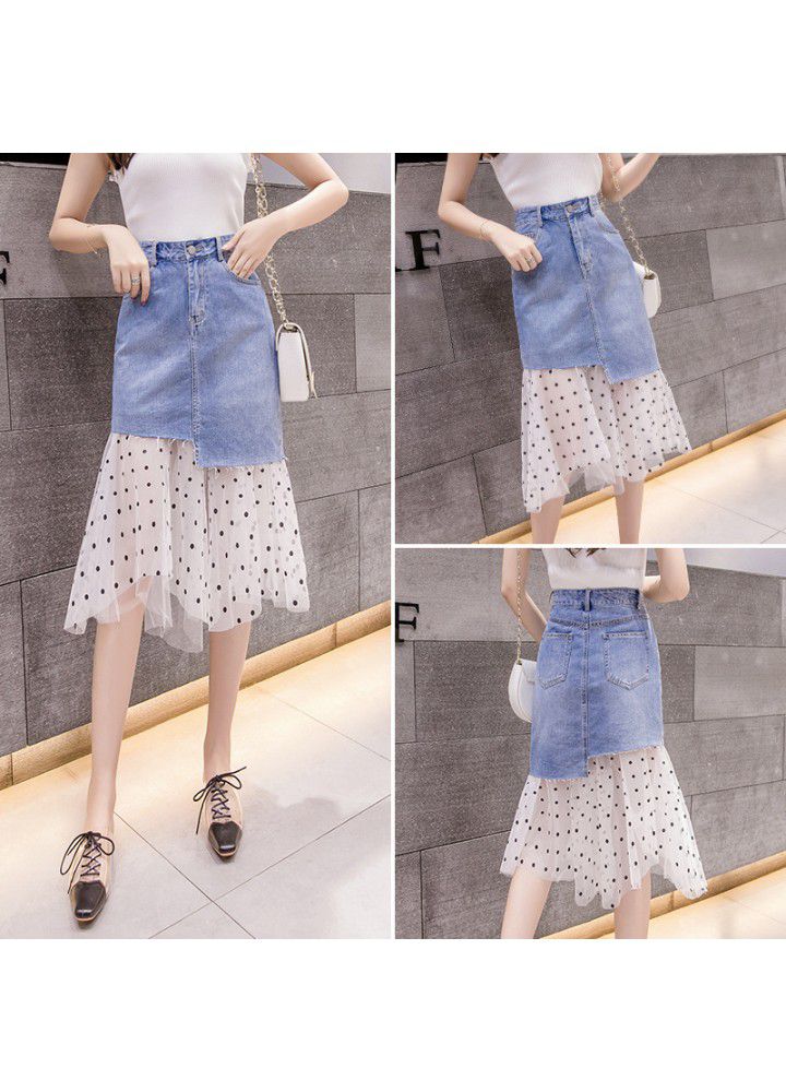Real photo 2021 summer new Korean splicing dot gauze denim skirt medium length high waist skirt for women
