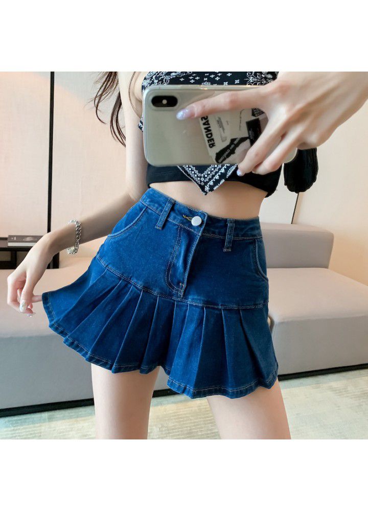 Skirt summer new high waisted slim denim pleated skirt niche design small bust
