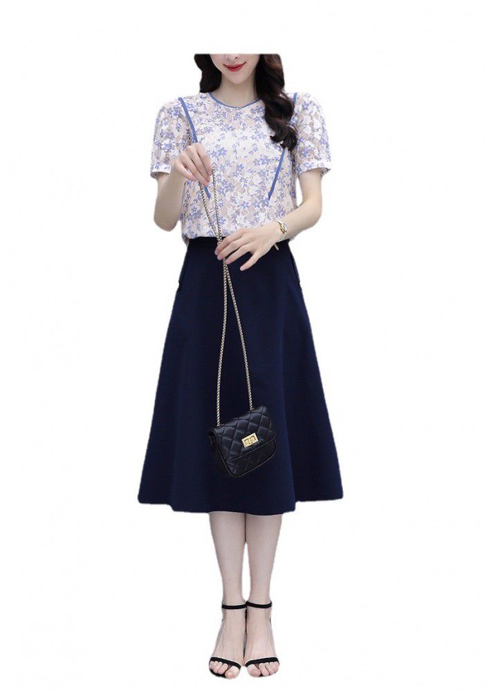 2021 summer new women's 2-piece elegant lace top umbrella skirt suit