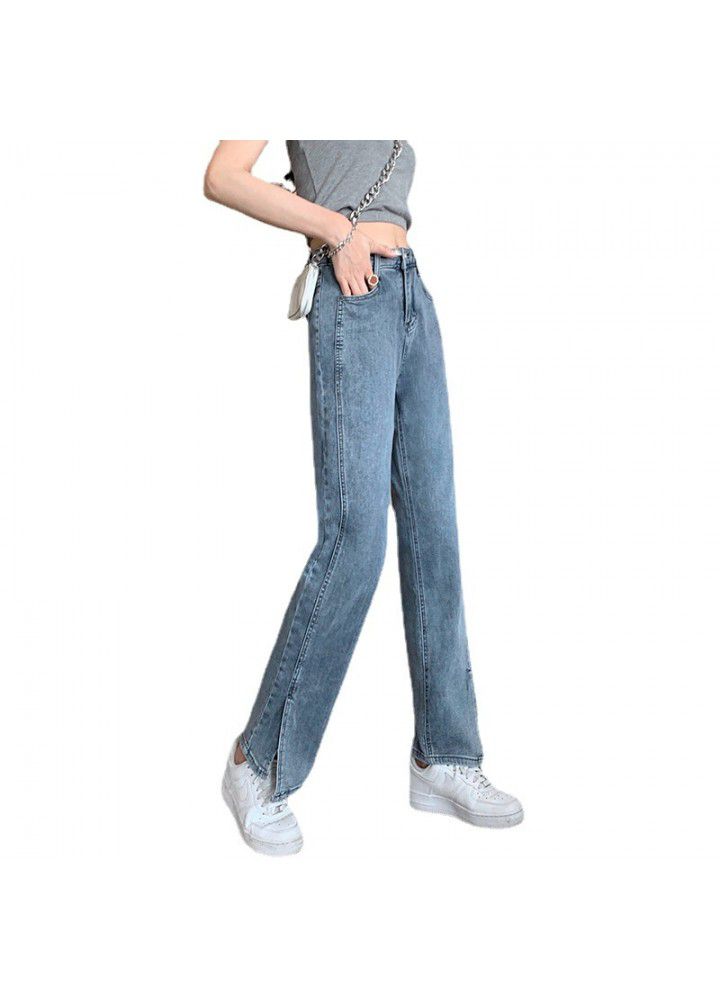 2021 split jeans women's straight tube loose spring and summer new elastic super soft high waist show thin wide leg drop feeling mop the floor