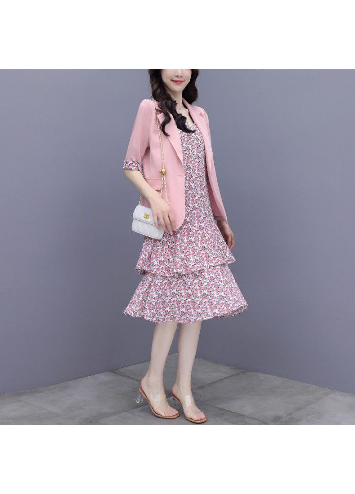 Suit dress women's summer 2021 new floral dress 2-piece suit dress with fashionable waist and thin foreign style
