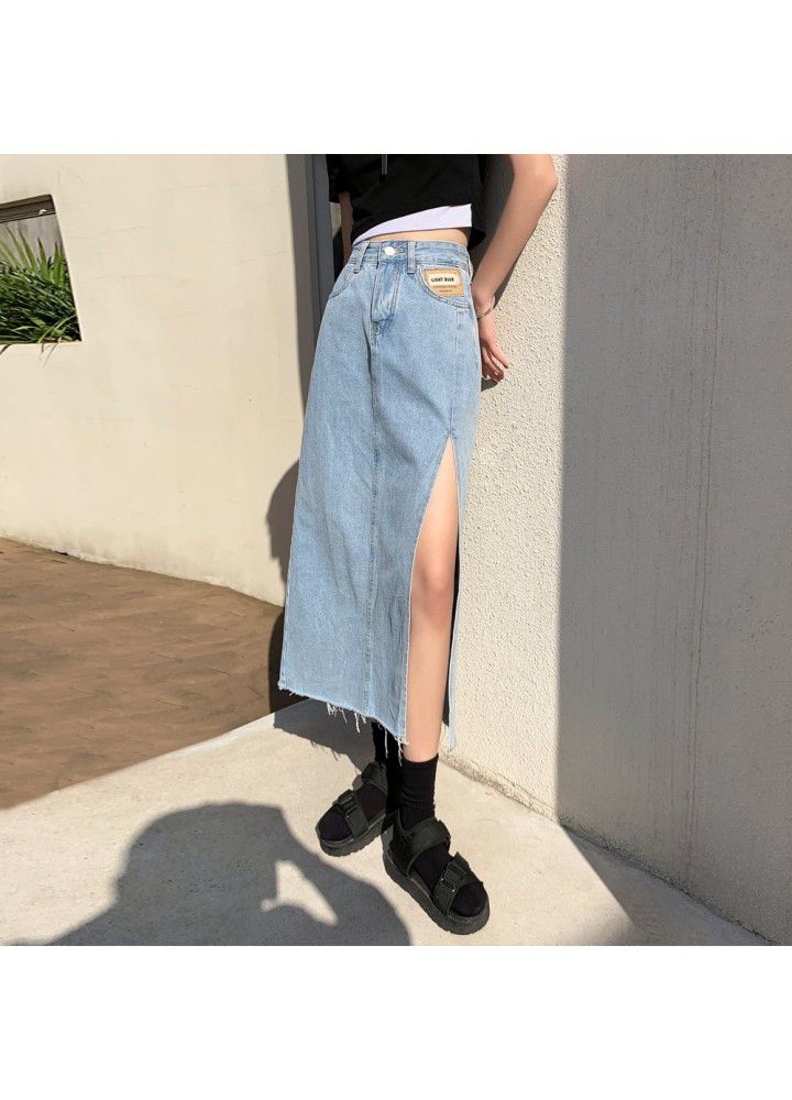High waist side split denim skirt for women in summer 2021