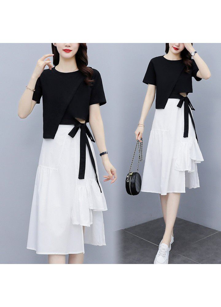 2021 summer new women's fashion temperament irregular design short top + skirt suit two piece set