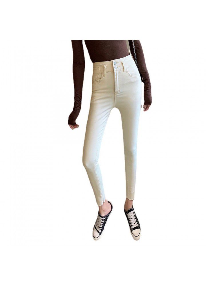 Real photo of beige jeans female 2021 spring new high waist slim tight elastic Leggings pencil pants fashion