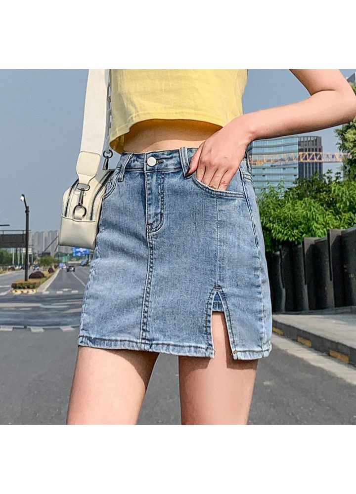 Real photo 2021 summer new net red anti light elastic high waist split denim skirt