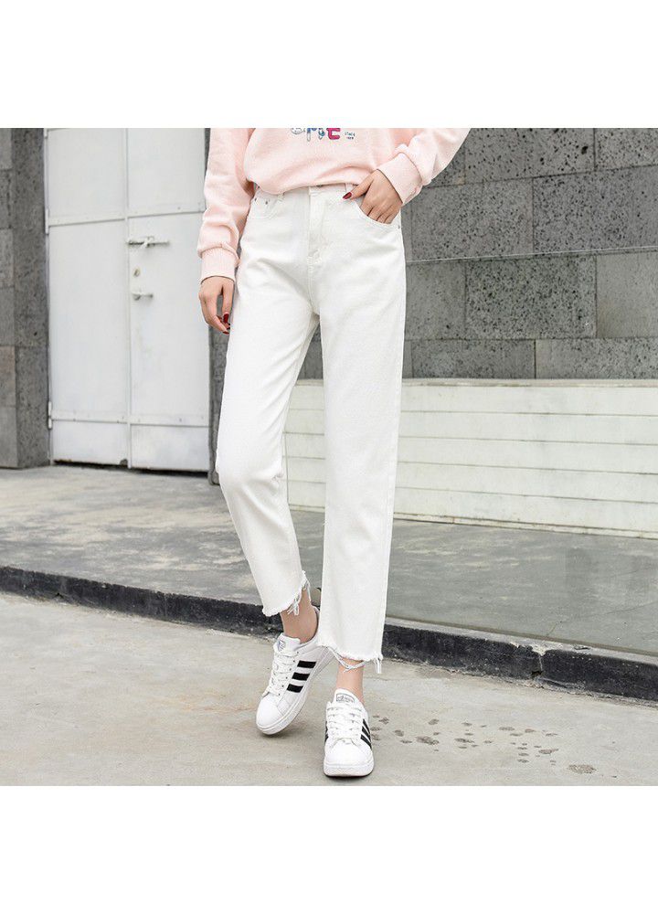 Summer straight white cropped jeans women's wear new Korean slim high waist baggy pants in 2019