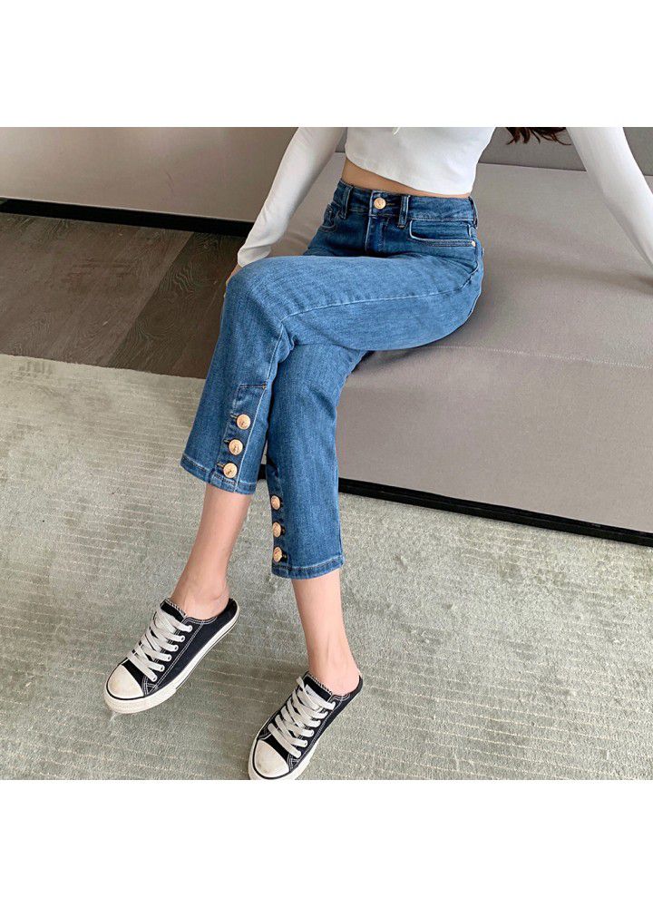 Real photo in spring and summer of 2021 jeans women's slim high waisted breasted cropped straight pipe pants