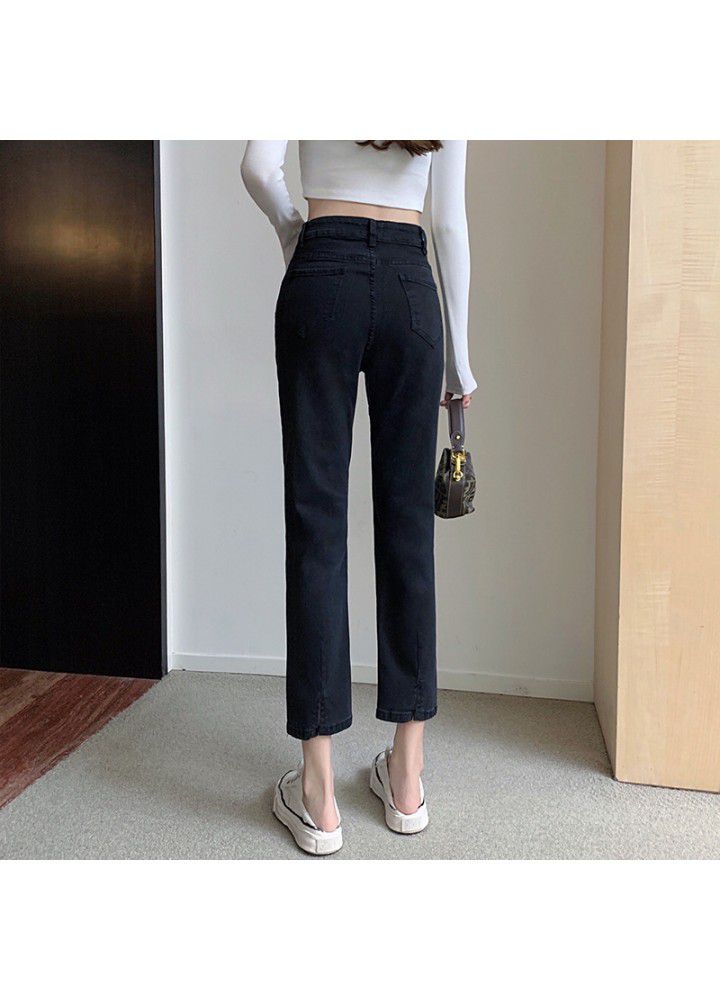 2021 spring new style flannel nine point denim pipe pants with split elastic high waist and straight tube, slim and fashionable