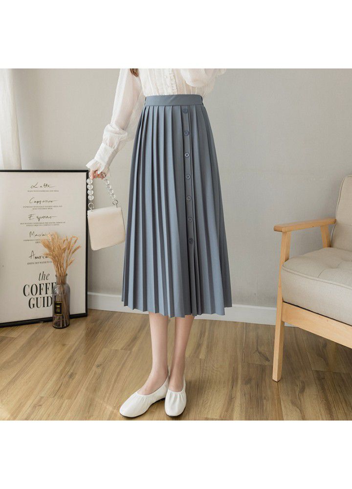 Spring and summer 2021 new Korean press fold breasted skirt elastic waist large pleated skirt medium length skirt