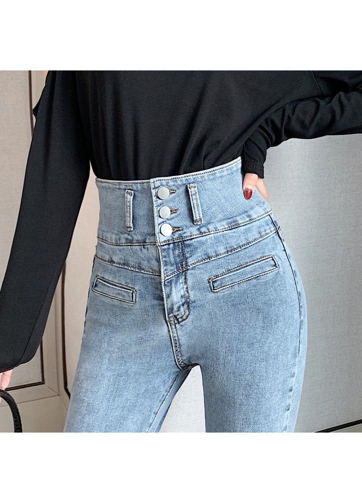 2021 new spring jeans women's small foot tight elastic pencil super high waist Capris fashion
