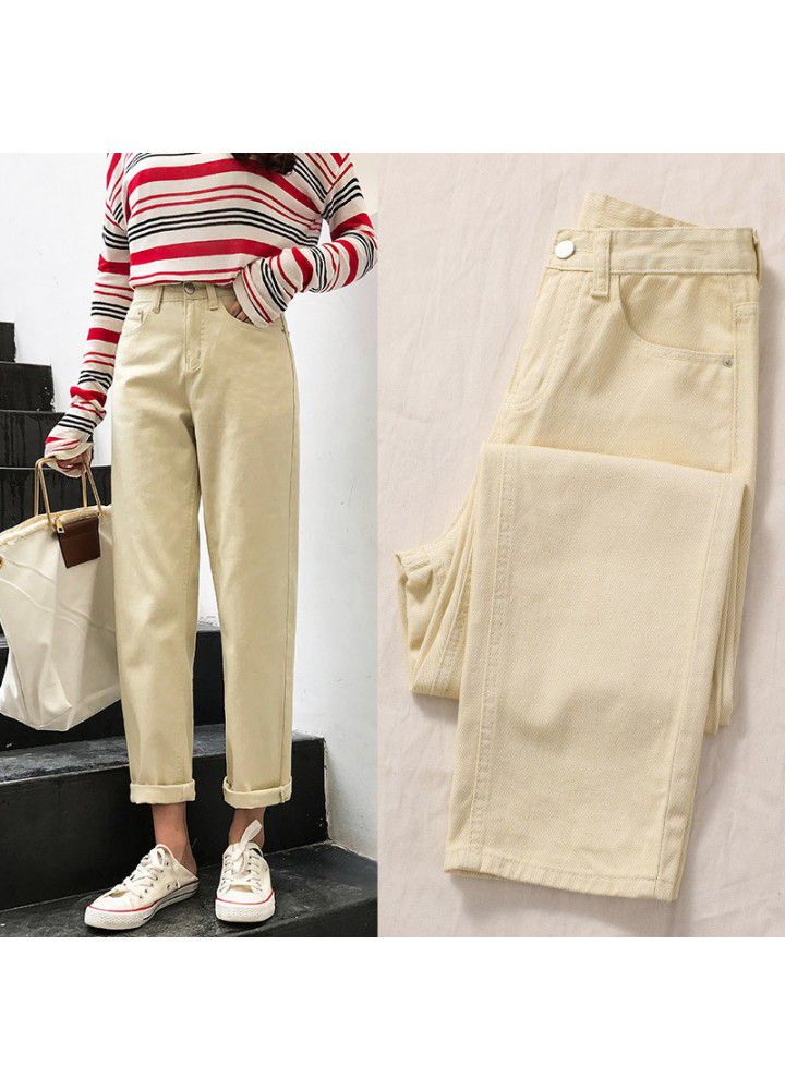 2021 new cross border women's wear Korean college loose and comfortable jeans female student BF wind small straight leg Capris