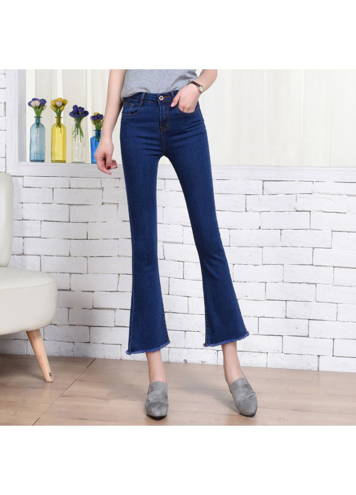 High waist 9-point flared jeans girls' stretch slim hem 9-point pants women's Korean tassel pants