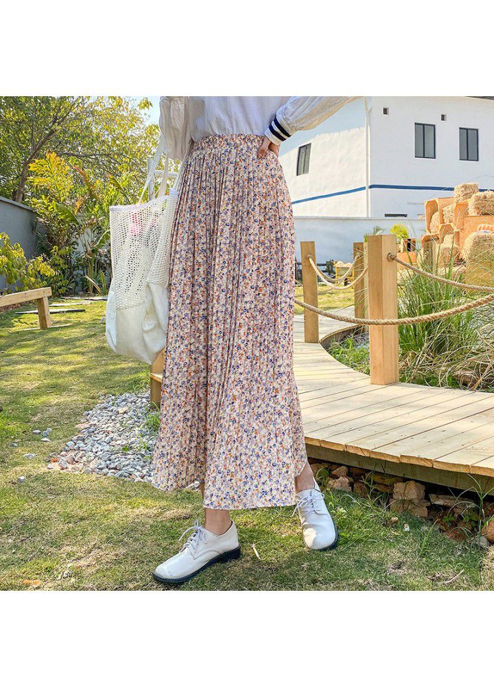 Real shot Chiffon floral skirt women's 2021 spring and summer new Korean high waist small mid length pleated skirt