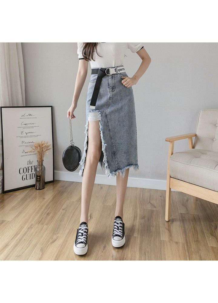 Real shot 2021 summer new Korean versatile high waist rough hem mid length denim skirt women's delivery belt