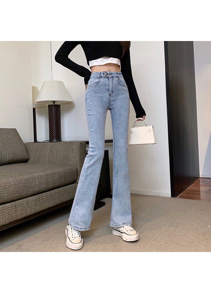 2021 spring Hong Kong style retro chic split flared jeans women's high waisted slim pants