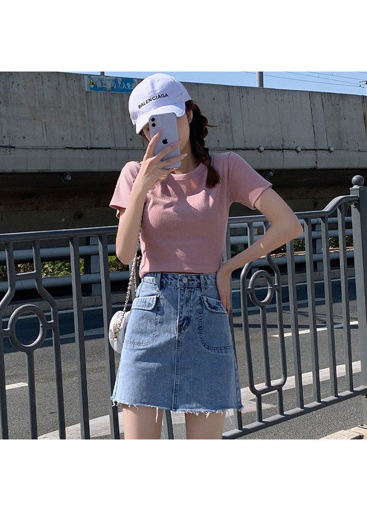 High waist A-line denim skirt women's summer cotton thin fit show thin buttock hairline skirt