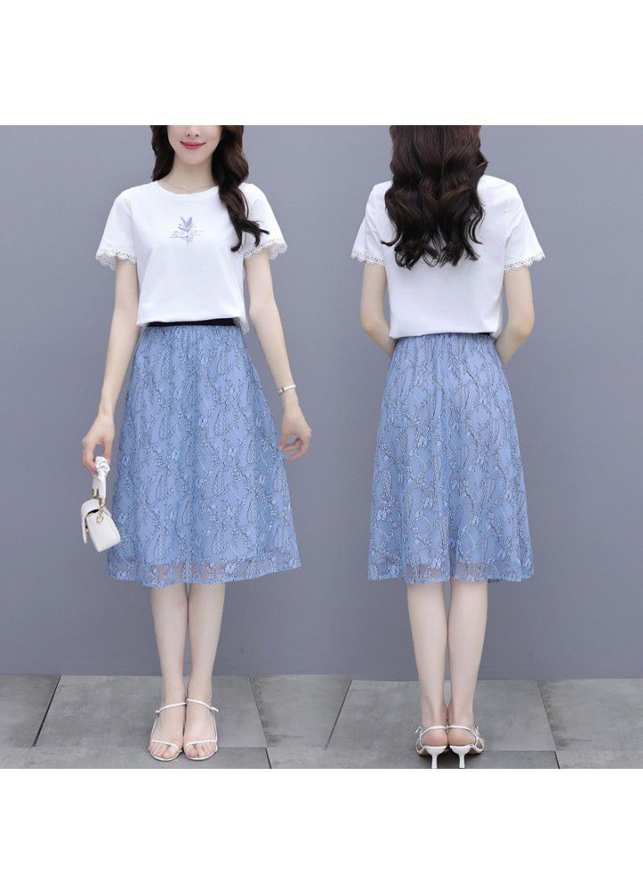 2021 summer new suit elegant temperament age reducing thin T-shirt gauze skirt women's two piece set