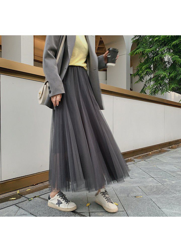12 colors in 2020 spring new Korean mid long mesh skirt women's high waist slim A-line swing skirt
