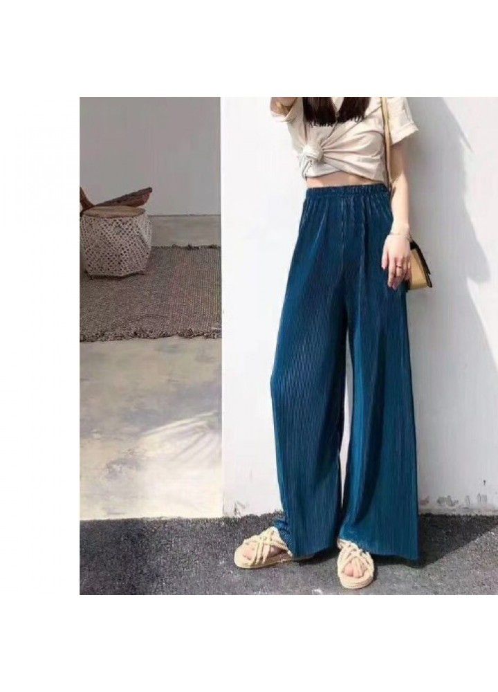 Pleated ice silk wide leg pants women's high waist drop 2021 summer thin loose long floor pants casual pants