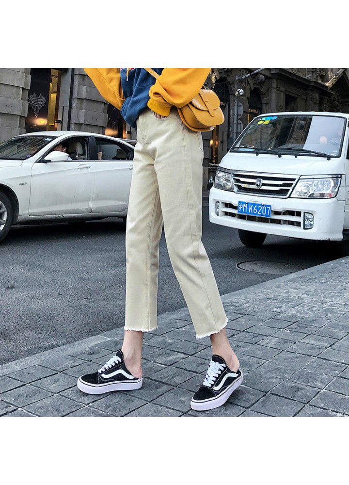 Summer straight white cropped jeans women's wear new Korean slim high waist baggy pants in 2019