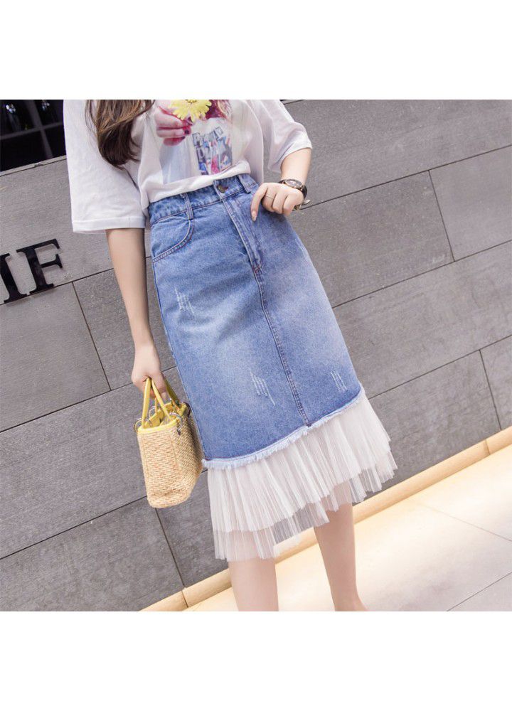 Real shot 2021 spring and summer new Korean versatile high waist denim mesh skirt