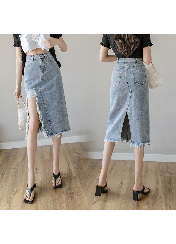 Real shot 2021 summer new Korean versatile high waist rough hem mid length denim skirt women's delivery belt