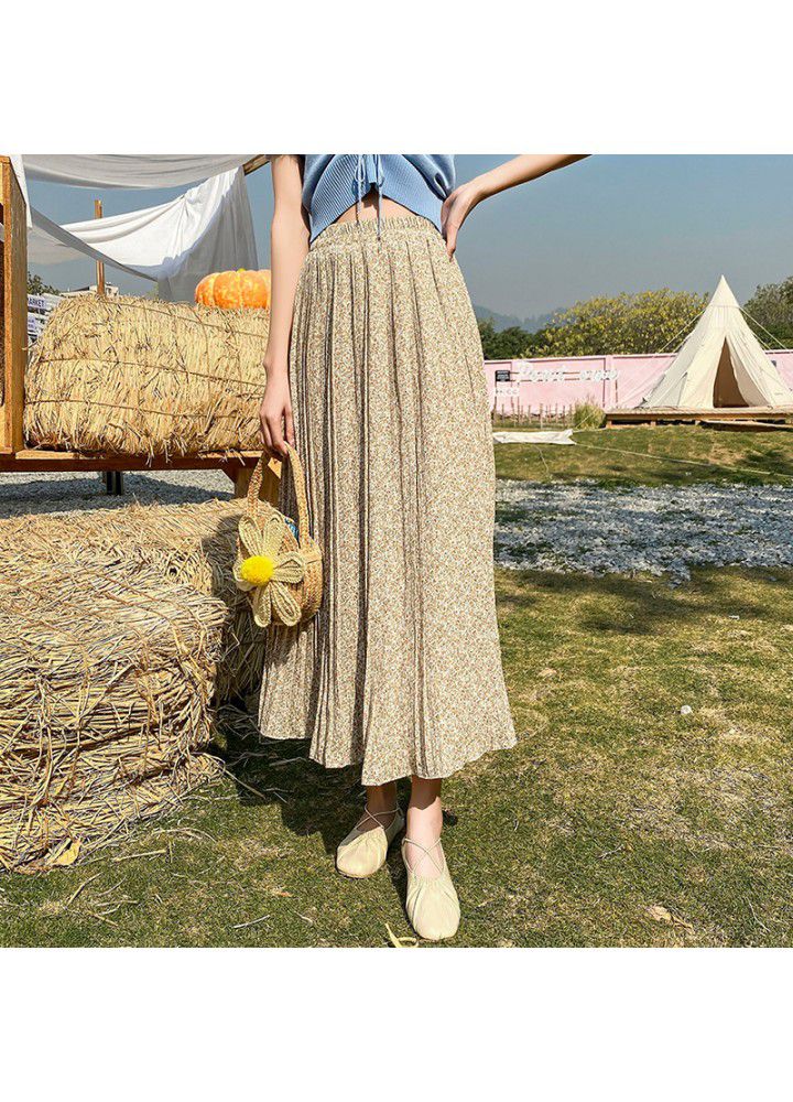 Real photo 2021 summer new high waist and thin temperament chiffon skirt versatile long skirt women's pleated floral skirt